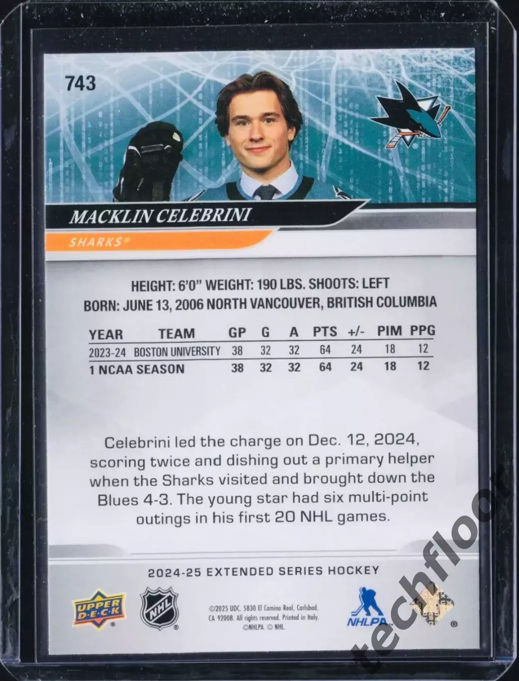 Карточка NHL Macklin Celebrini San Jose Sharks/Маклин Селебрини Сан-Хосе Шаркс 1