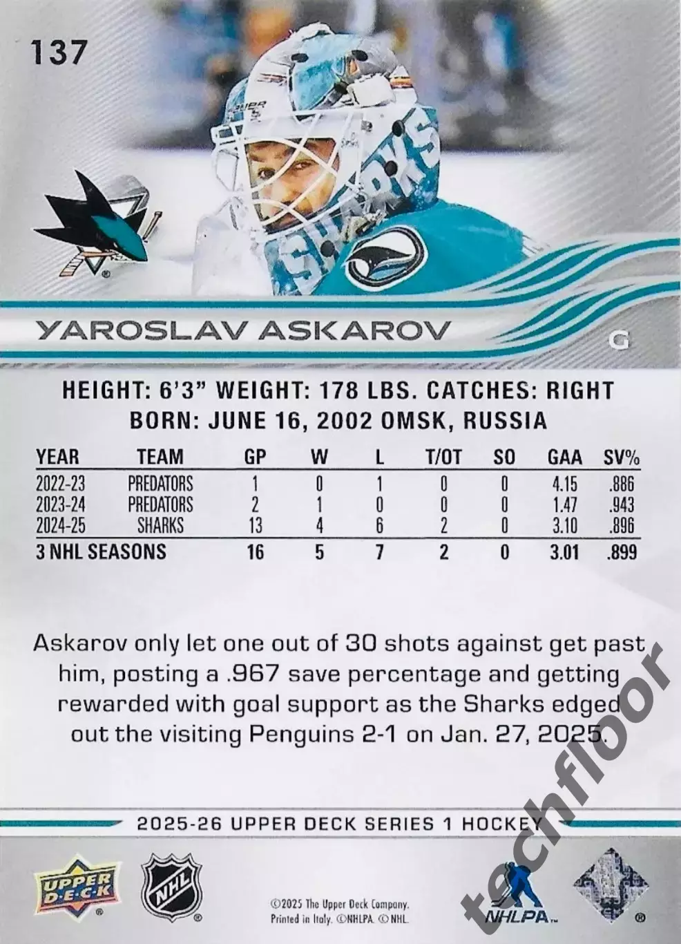 Карточка NHL Yaroslav Askarov San Jose Sharks/ Ярослав Аскаров 1