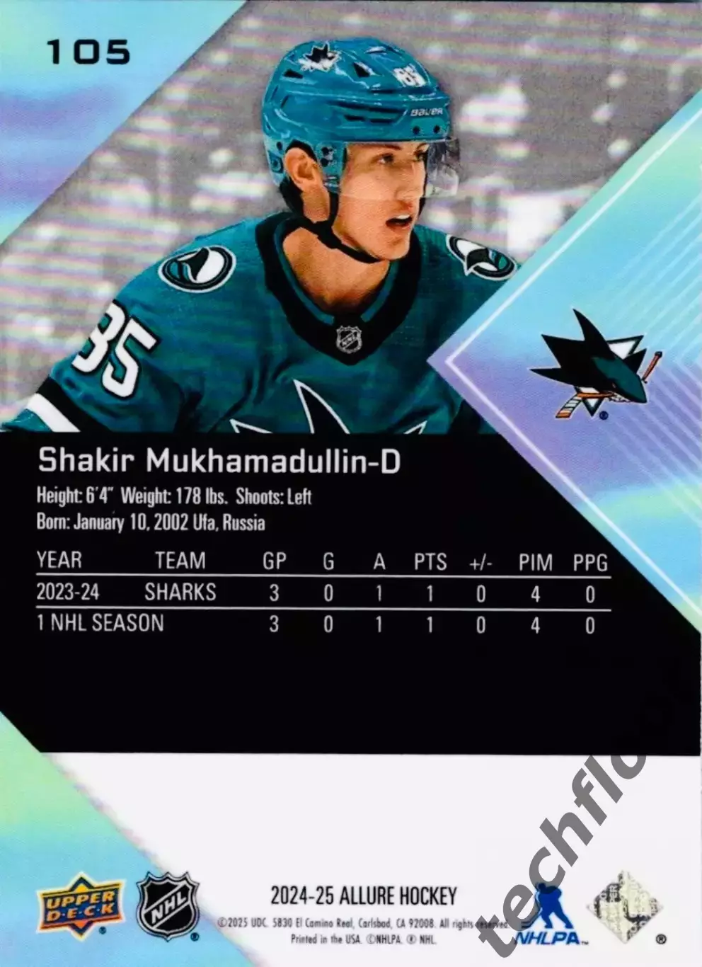 Карточка NHL Shakir Mukhamadullin San Jose Sharks/Шакир Мухамадуллин НХЛ 1