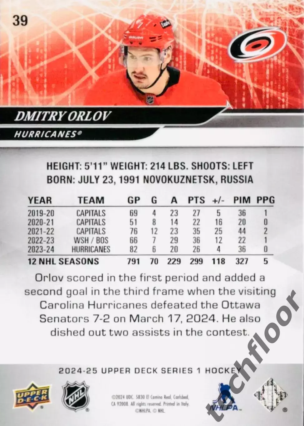 Карточка NHL Dmitry Orlov Carolina Hurricanes/Дмитрий Орлов Каролина НХЛ 1