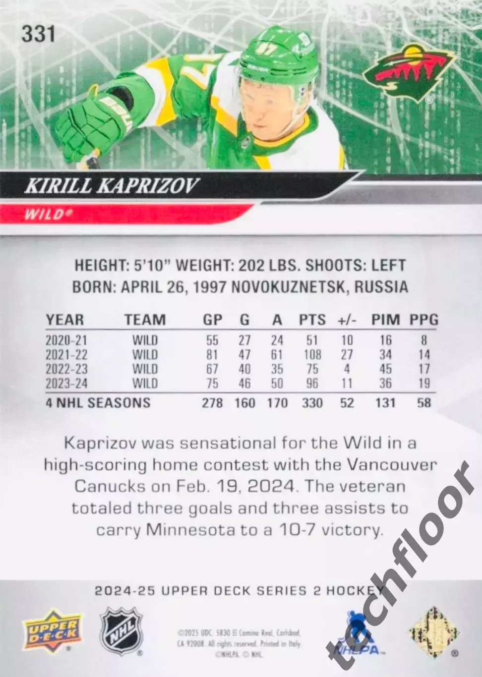 Карточка NHL Kirill Kaprizov Minnesota Wild/Кирилл Капризов 1