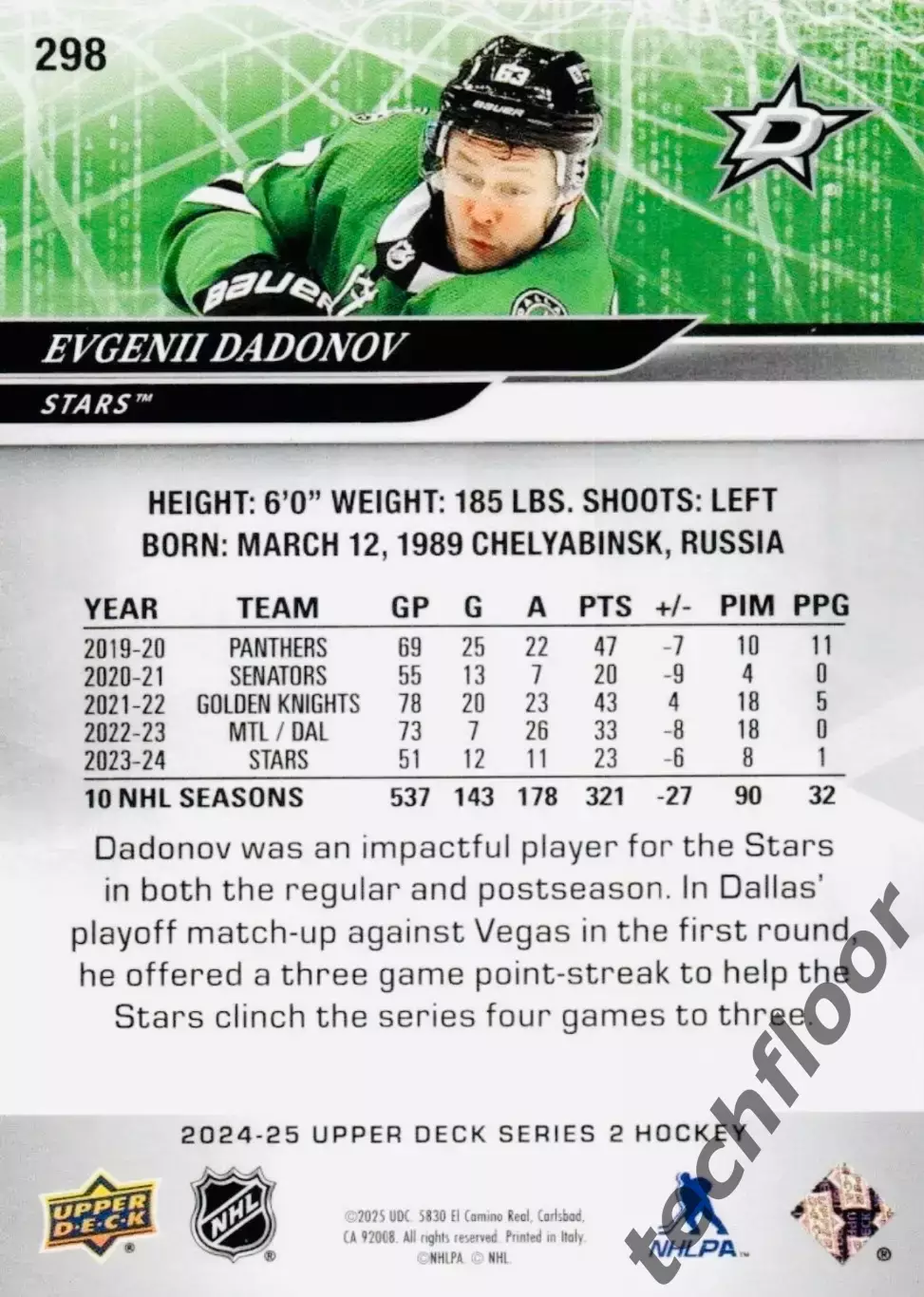 Карточка NHL Evgenii Dadonov Dallas Stars/Евгений Дадонов Даллас НХЛ 1