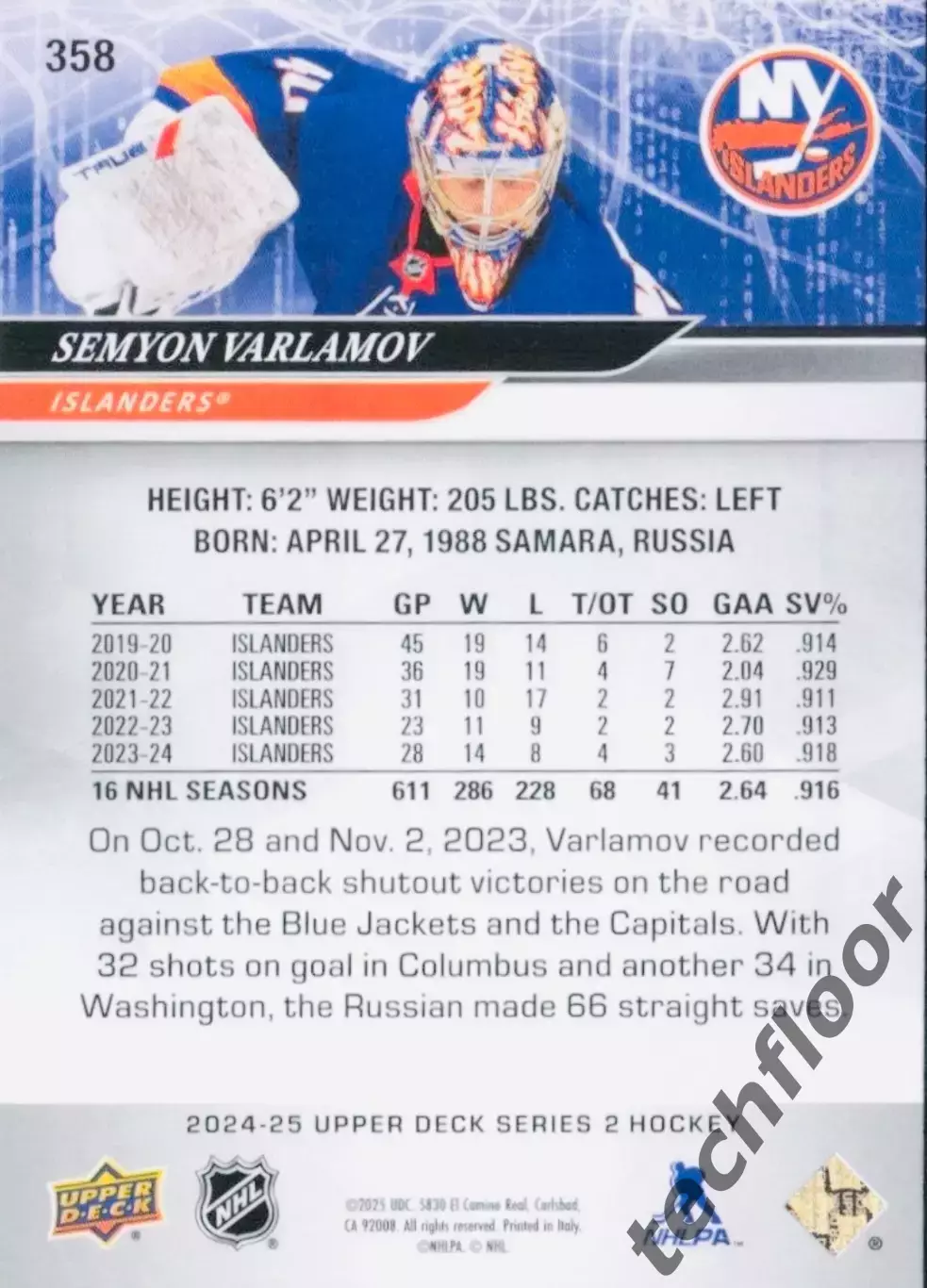 Карточка NHL Semyon Varlamov New York Islanders/Семен Варламов НХЛ 1
