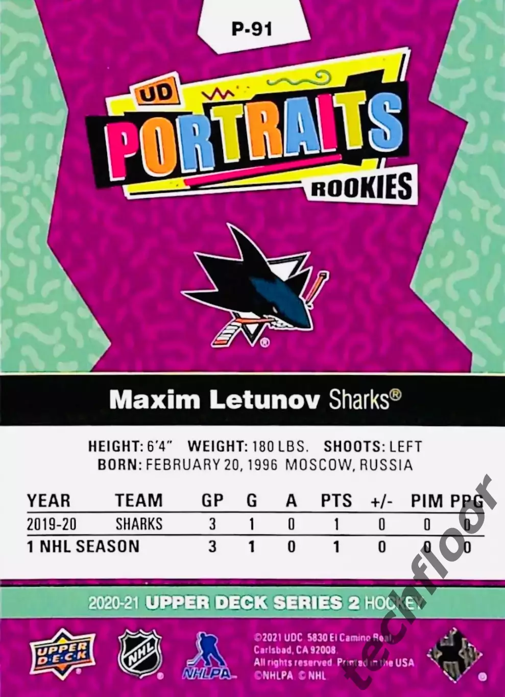 Карточка NHL Maxim Letunov San Jose Sharks/Максим Летунов Сан-Хосе НХЛ 1