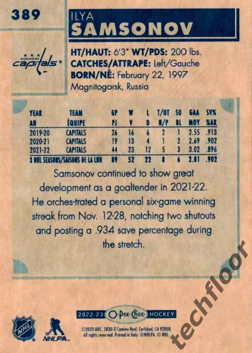 Карточка NHL Ilya Samsonov Washington Capitals/Илья Самсонов Вашингтон НХЛ 1