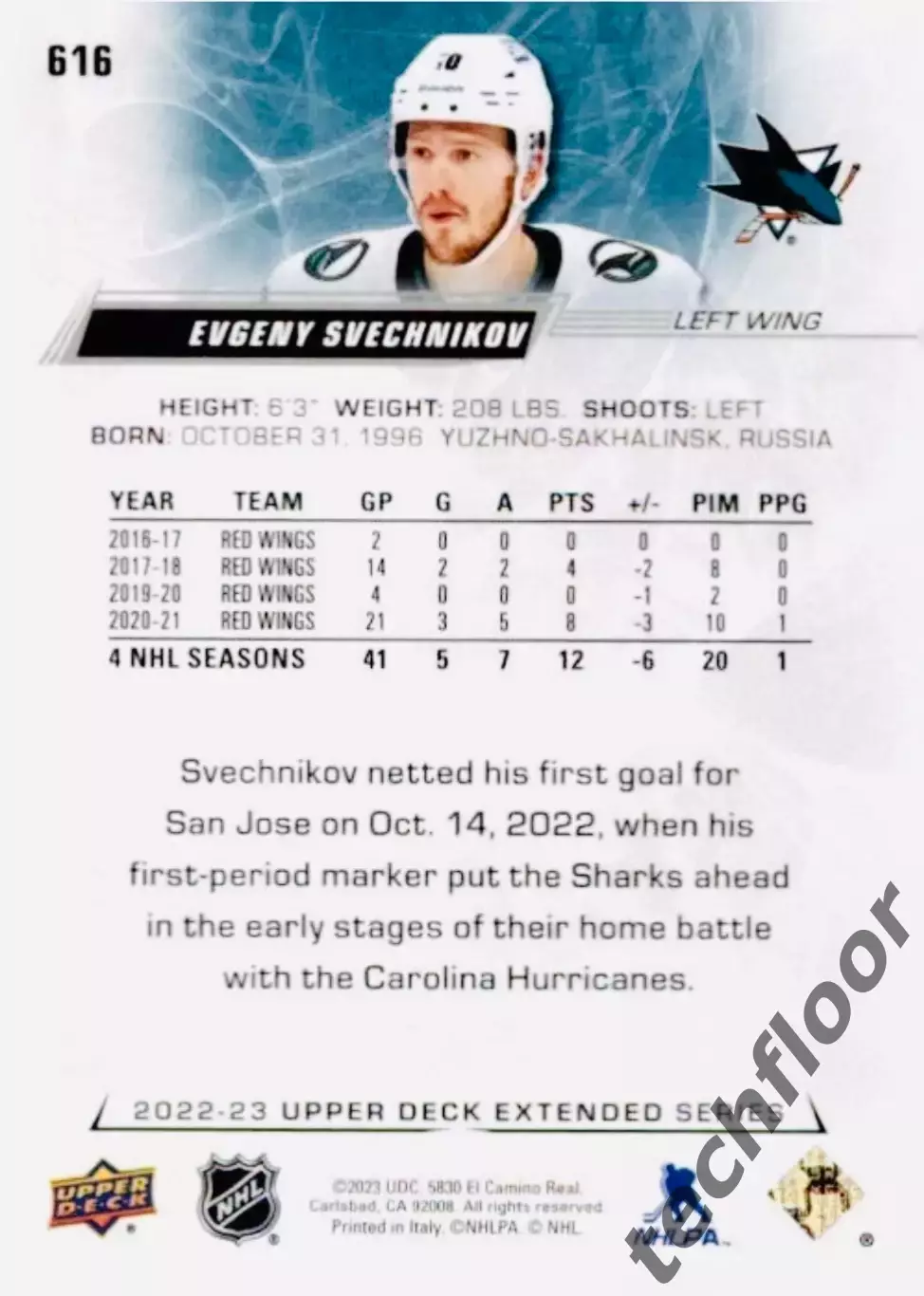 Карточка NHL Evgeny Svechnikov San Jose Sharks/Евгений Свечников Сан-Хосе НХЛ 1