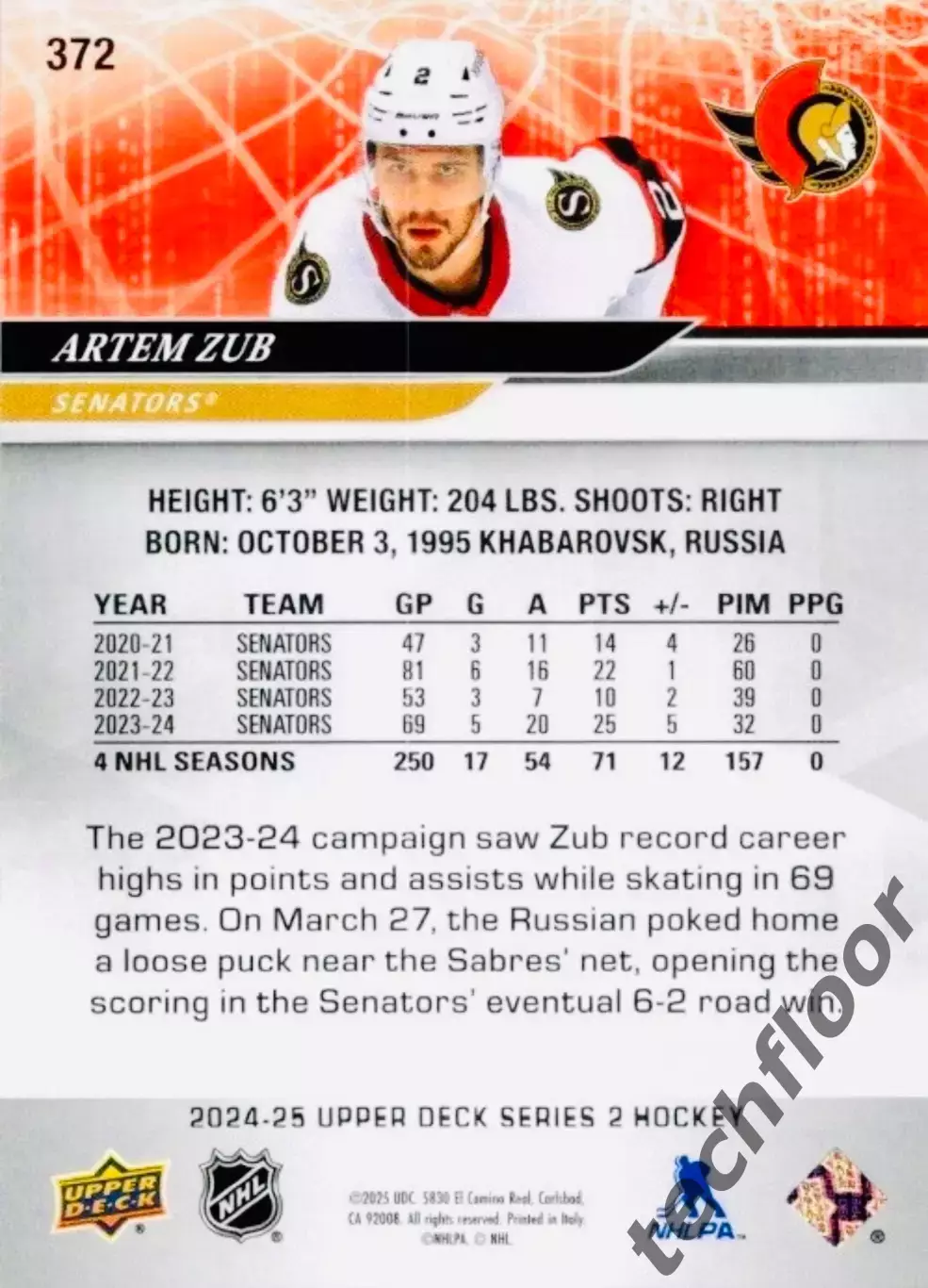 Карточка NHL Artem Zub Ottawa Senators/Артем Зуб Оттава НХЛ 1