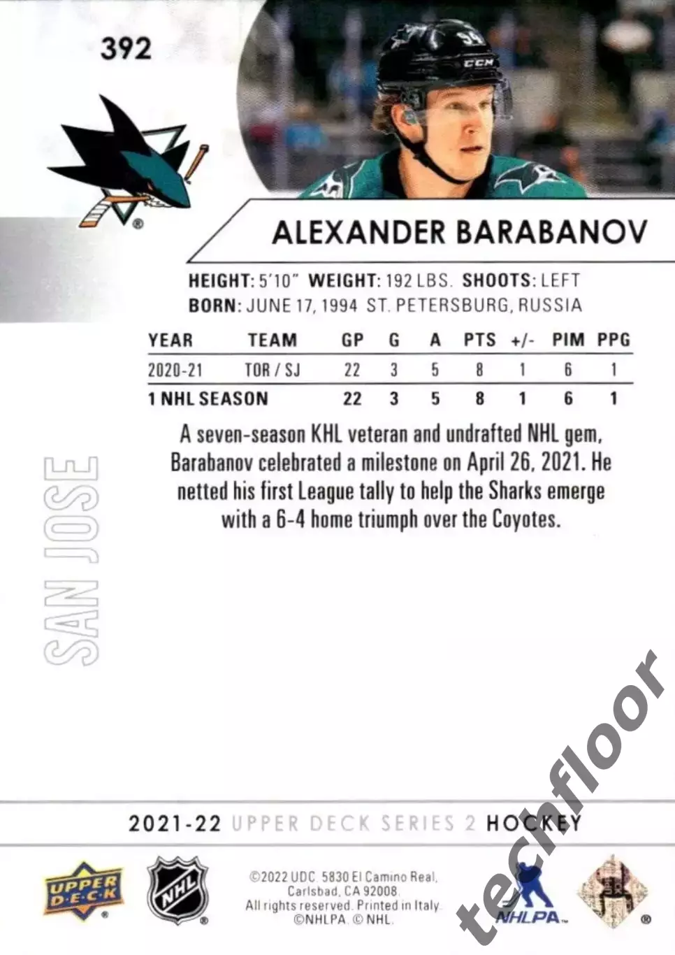 Карточка NHL Alexander Barabanov San Jose Sharks/Александр Барабанов Сан-Хосе 1