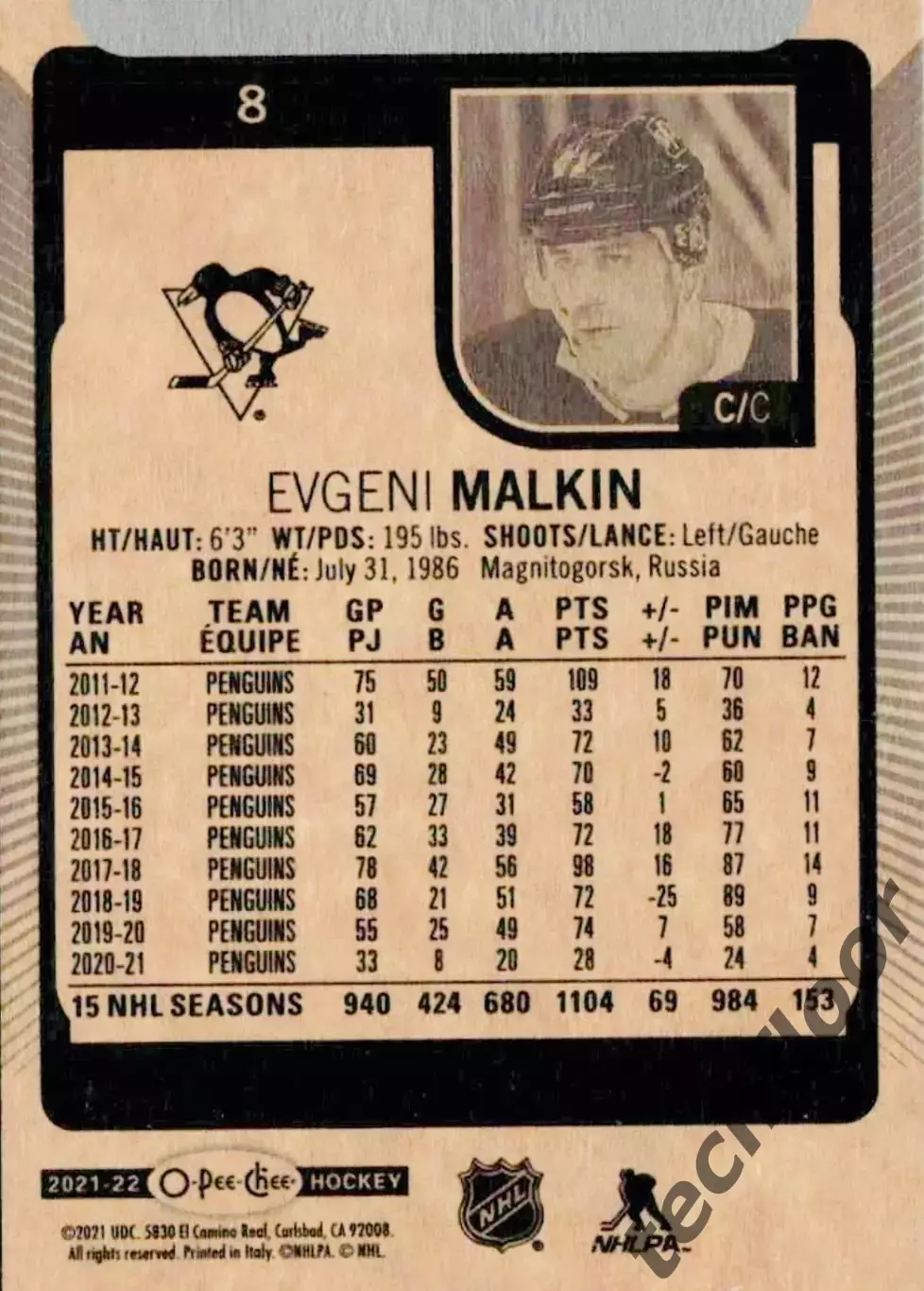 Карточка NHL Evgeni Malkin Pittsburgh Penguins/Евгений Малкин Питтсбург НХЛ 1