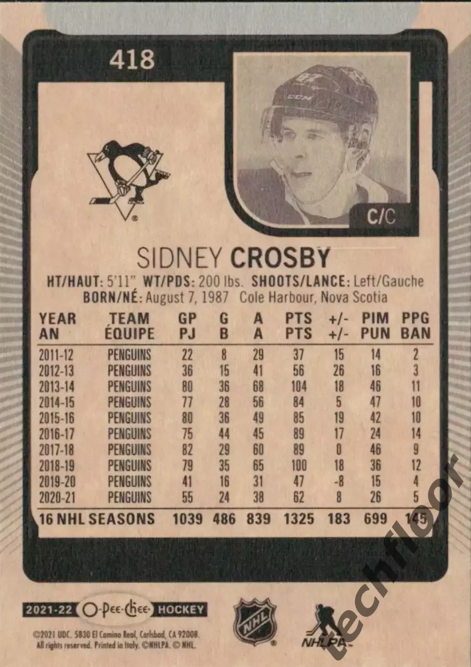 Карточка NHL Sidney Crosby Pittsburgh Penguins/Сидни Кросби Питтсбург НХЛ 1
