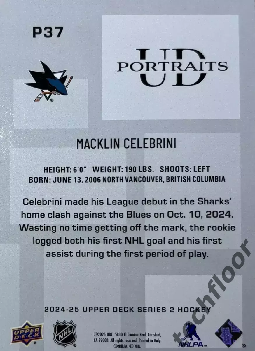 Карточка NHL Macklin Celebrini San Jose Sharks/Маклин Селебрини Сан-Хосе НХЛ 1