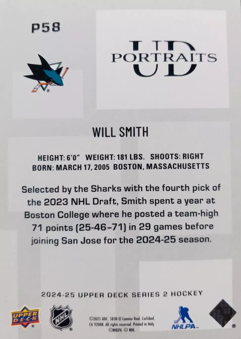 Карточка NHL Will Smith San Jose Sharks/Уилл Смит Сан-Хосе Шаркс НХЛ 1