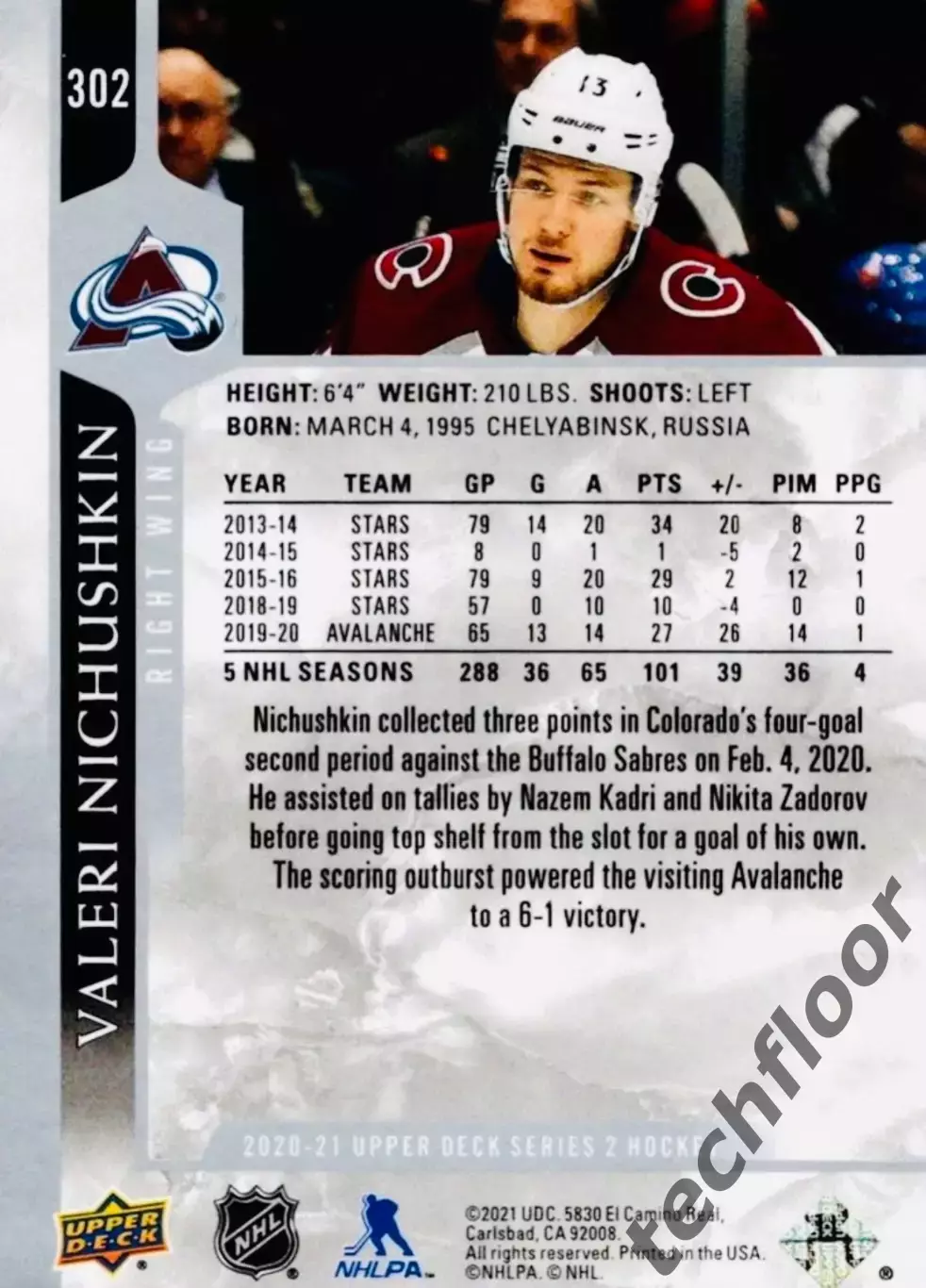 Карточка NHL Valeri Nichushkin Colorado Avalanche/Валерий Ничушкин Колорадо НХЛ 1