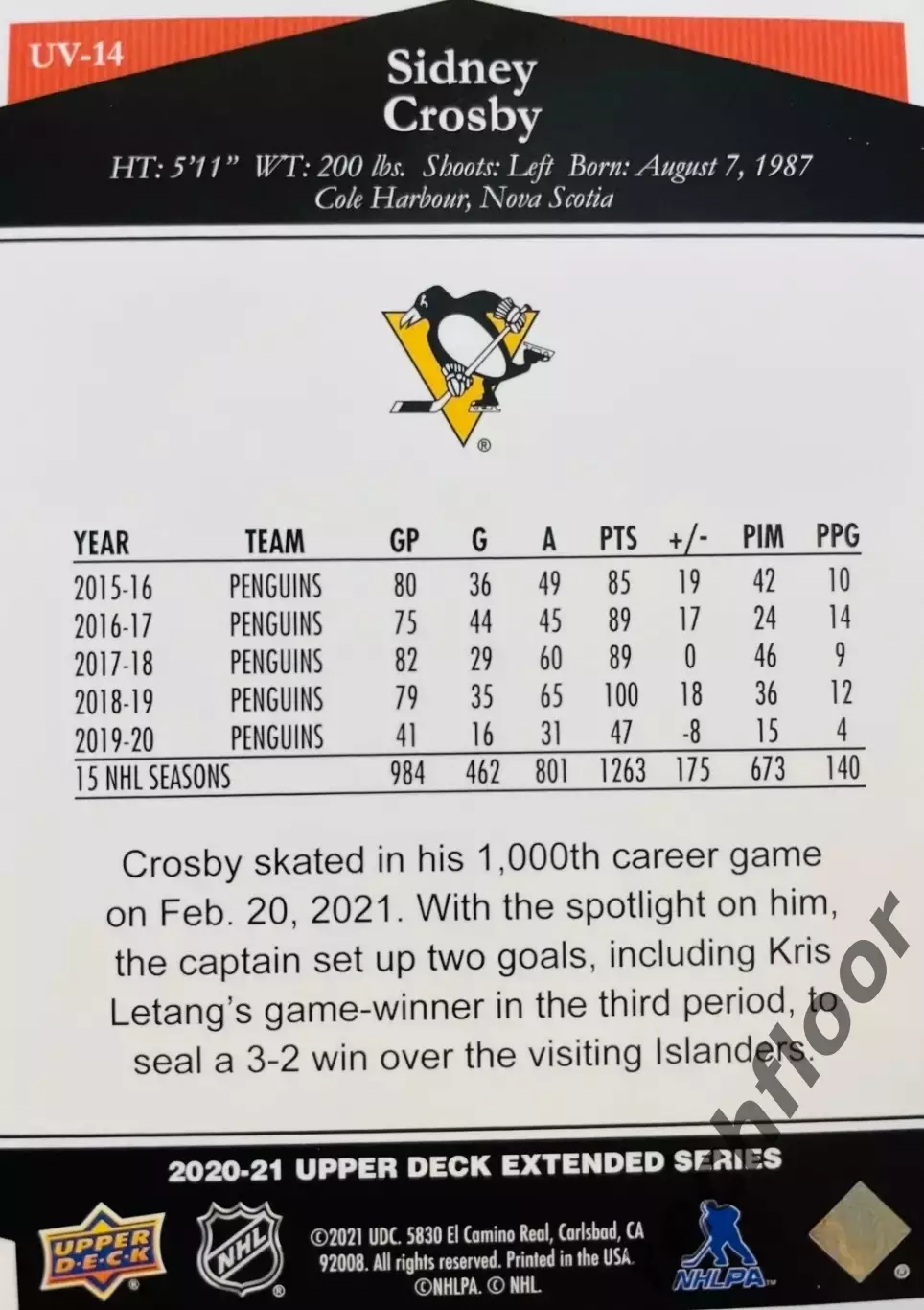Карточка NHL Sidney Crosby Pittsburgh Penguins/Сидни Кросби 1