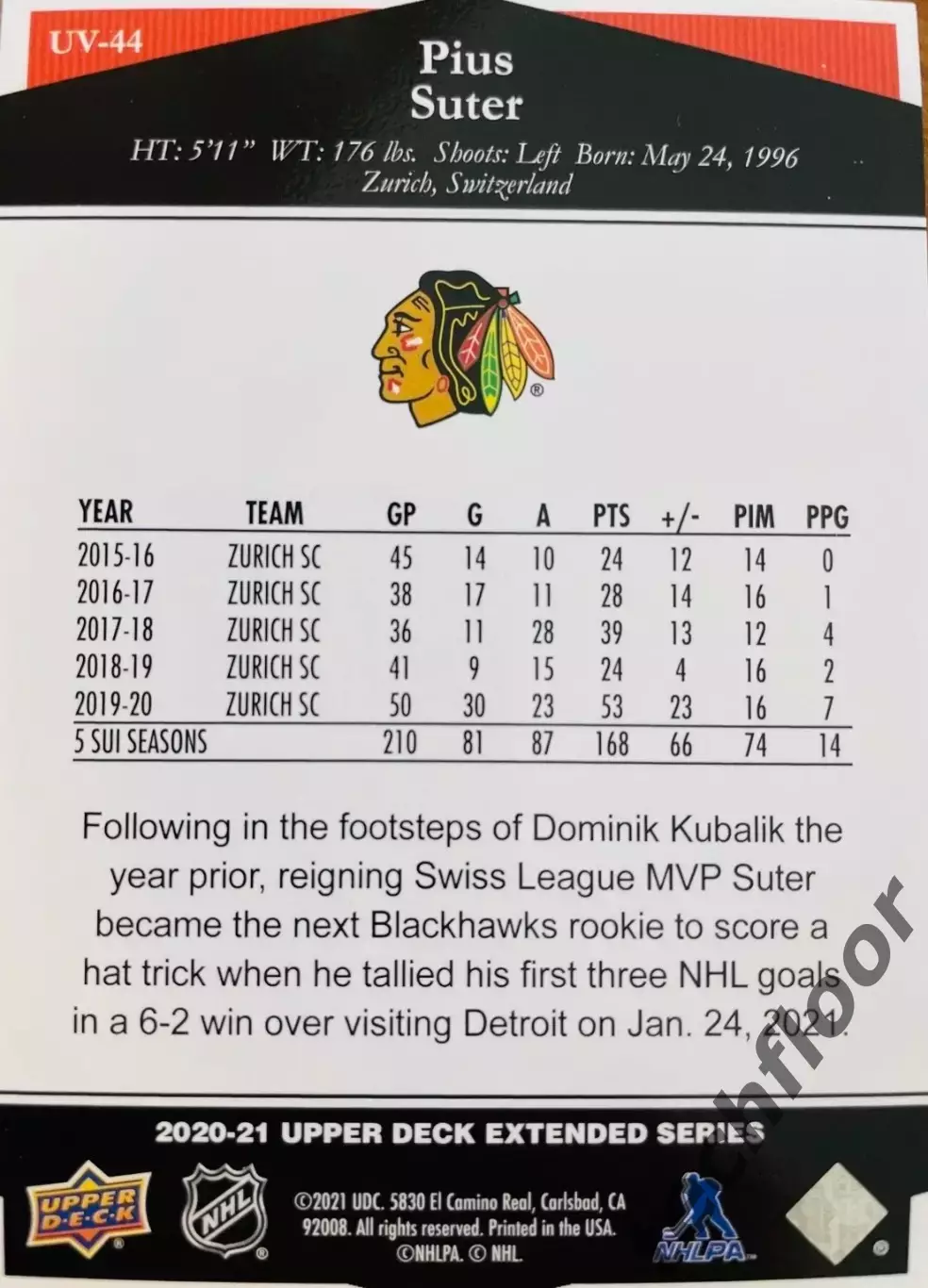 Карточка NHL Pius Suter Chicago Blackhawks/Пиус Сутер Чикаго НХЛ 1