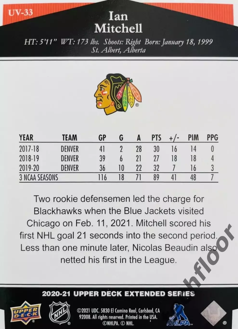 Карточка NHL Ian Mitchell Chicago Blackhawks/Ян Митчелл Чикаго НХЛ 1
