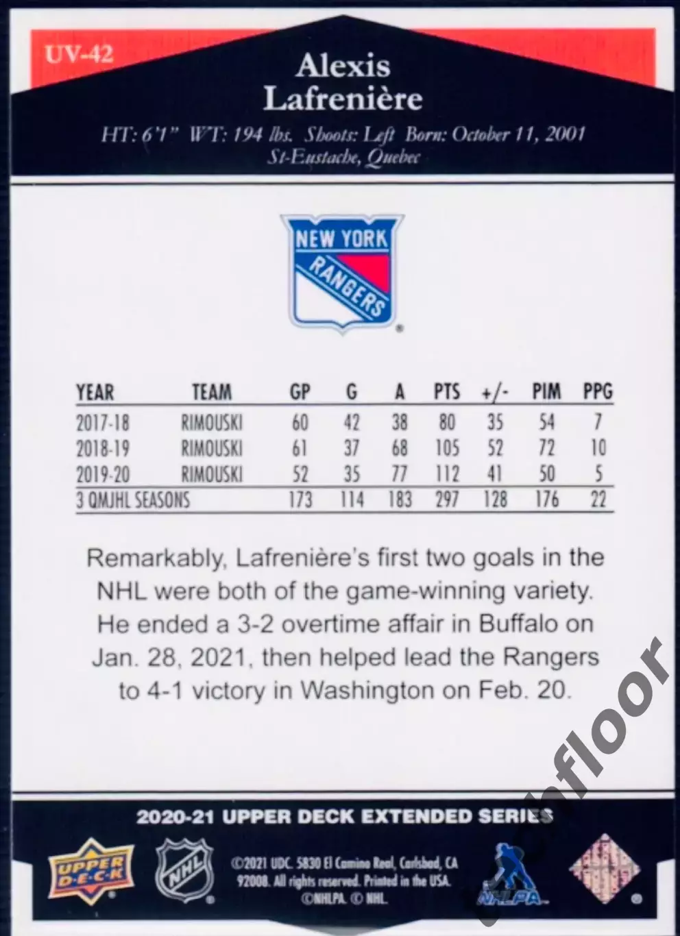 Карточка NHL Alexis Lafreniere New York Rangers/Алекси Лафреньер Рейнджерс НХЛ 1