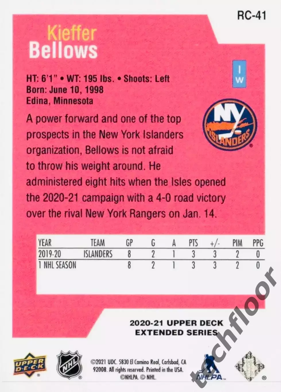 Карточка NHL Kieffer Bellows New York Islanders/ Киффер Беллоуз Айлендерс НХЛ 1