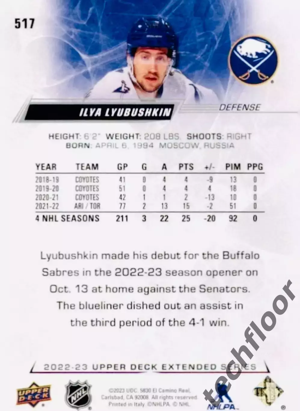 Карточка NHL Ilya Lyubushkin Buffalo Sabres/Илья Любушкин Баффало НХЛ 1