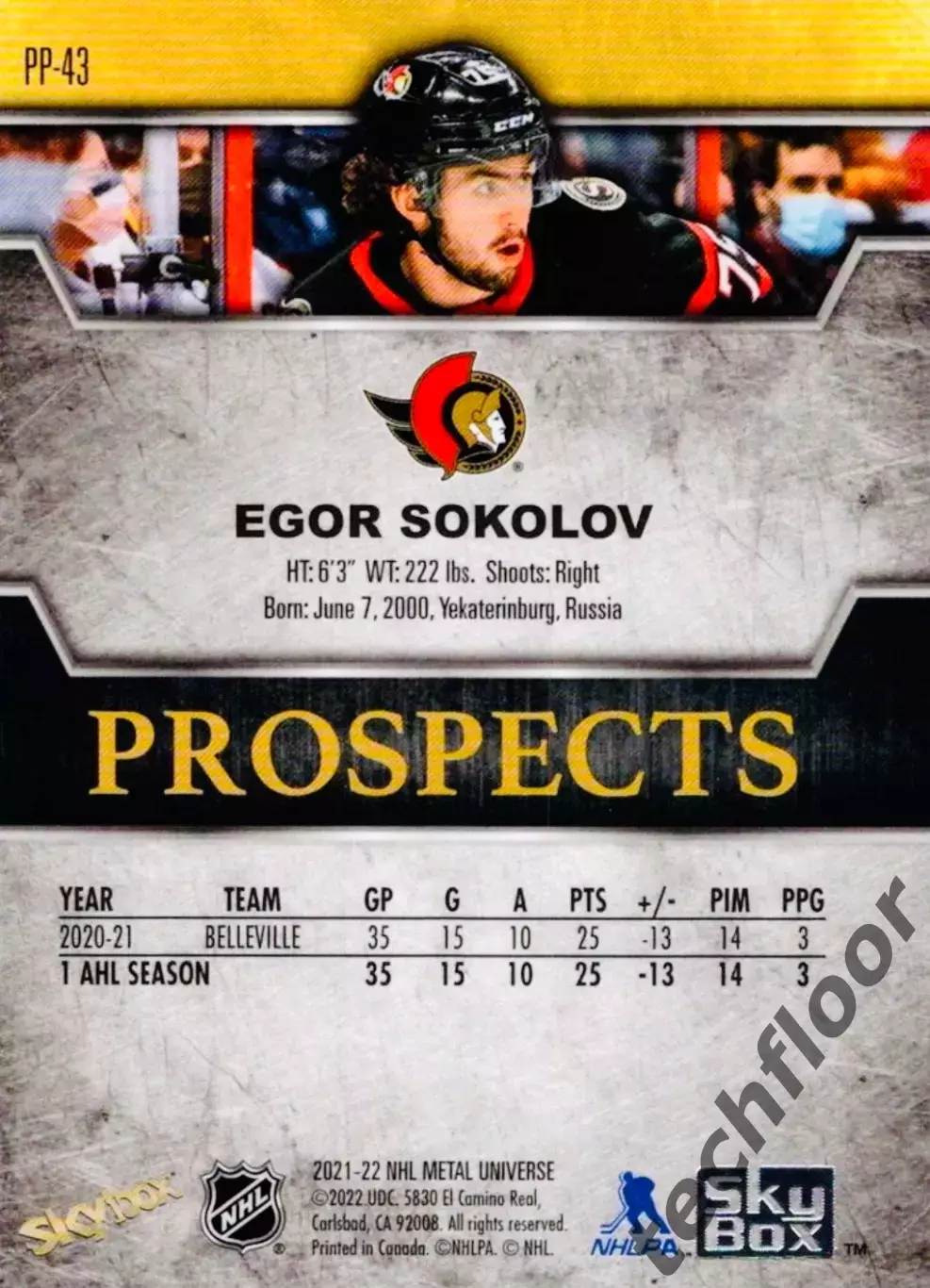 Карточка NHL Egor Sokolov Ottawa Senators/Егор Соколов Оттава НХЛ 1