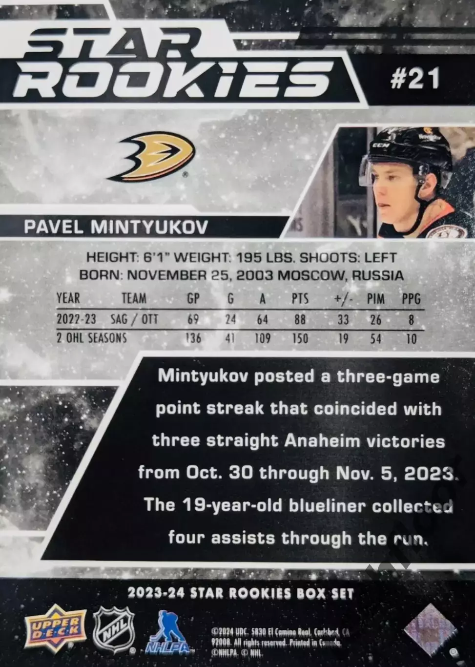 Карточка NHL Pavel Mintyukov Anaheim Ducks/Павел Минтюков Анахайм НХЛ 1