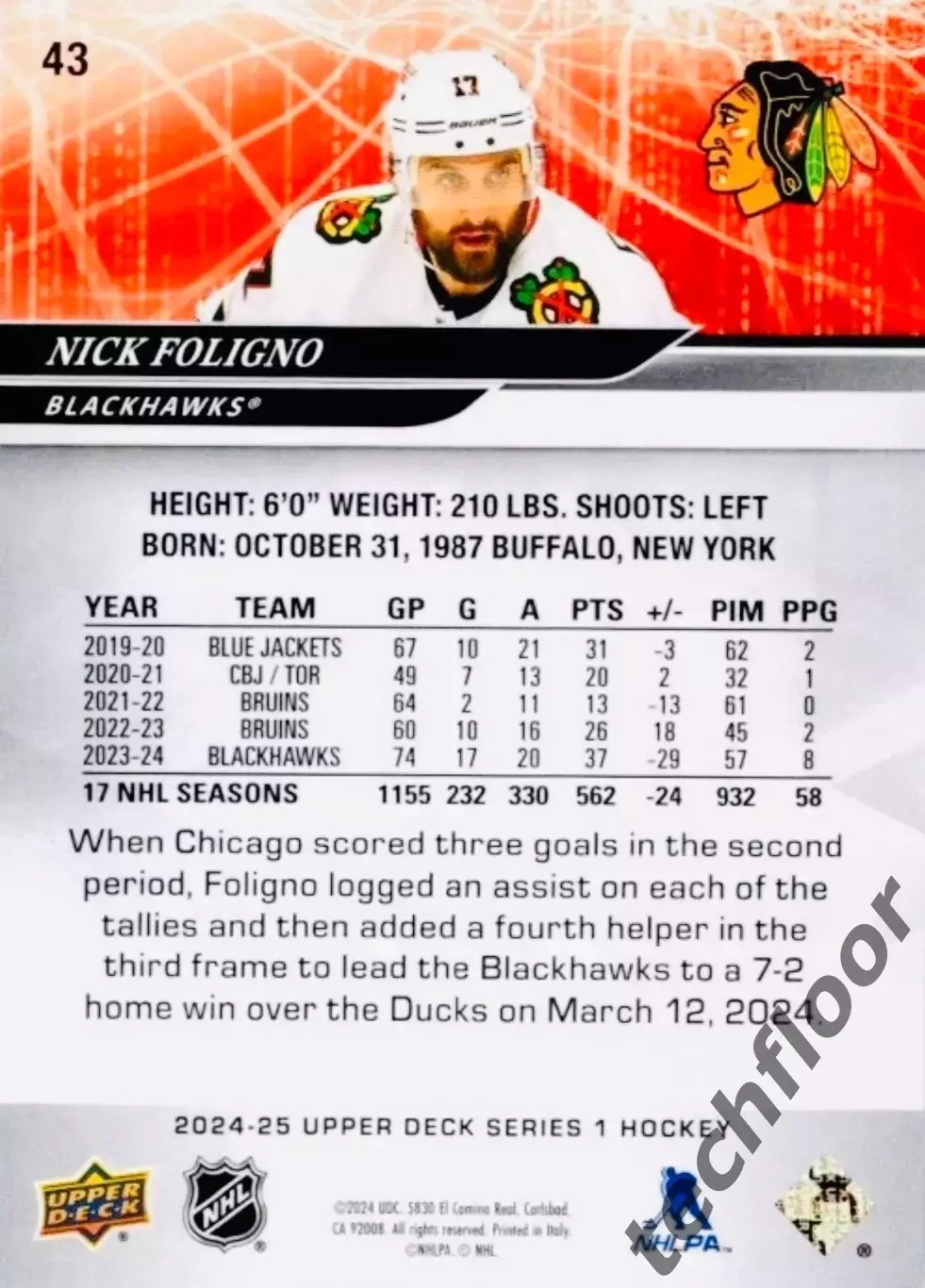 Карточка NHL Nick Foligno Chicago Blackhawks/Ник Фолиньо Чикаго НХЛ 1