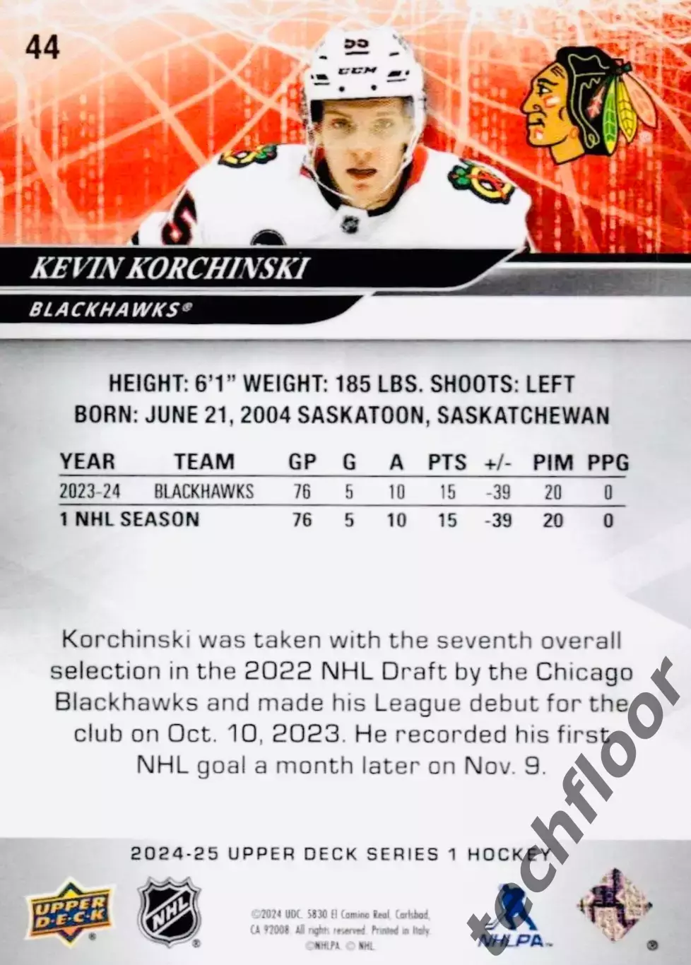 Карточка NHL Kevin Korchinski Chicago Blackhawks/Кевин Корчински Чикаго НХЛ 1