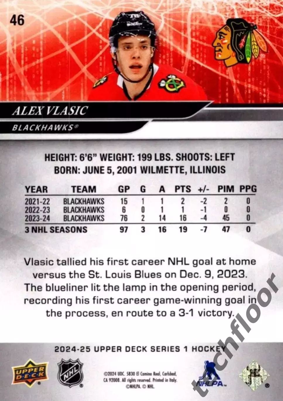 Карточка NHL Alex Vlasic Chicago Blackhawks/Алекс Власич Чикаго НХЛ 1