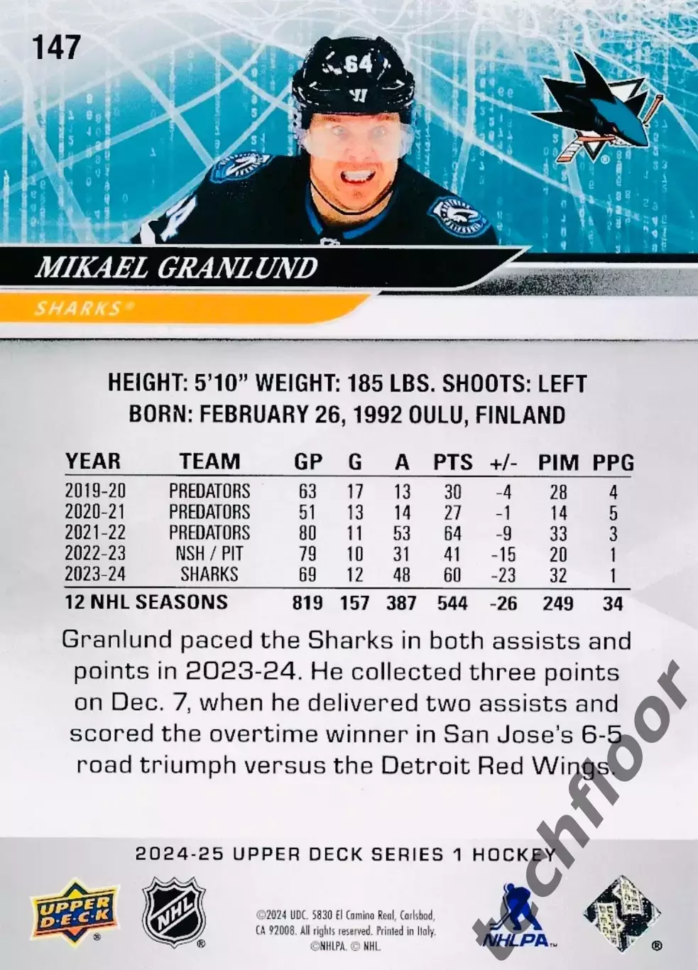 Карточка NHL Mikael Granlund San Jose Sharks/Микаэль Гранлунд Сан-Хосе НХЛ 1