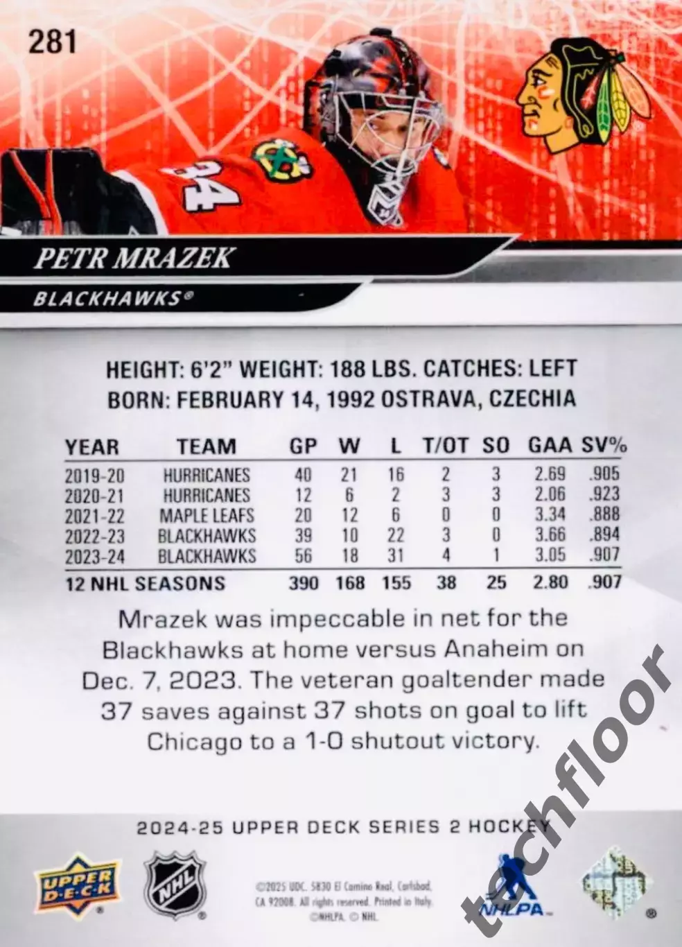 Карточка NHL Petr Mrazek Chicago Blackhawks/Петр Мразек Чикаго НХЛ 1
