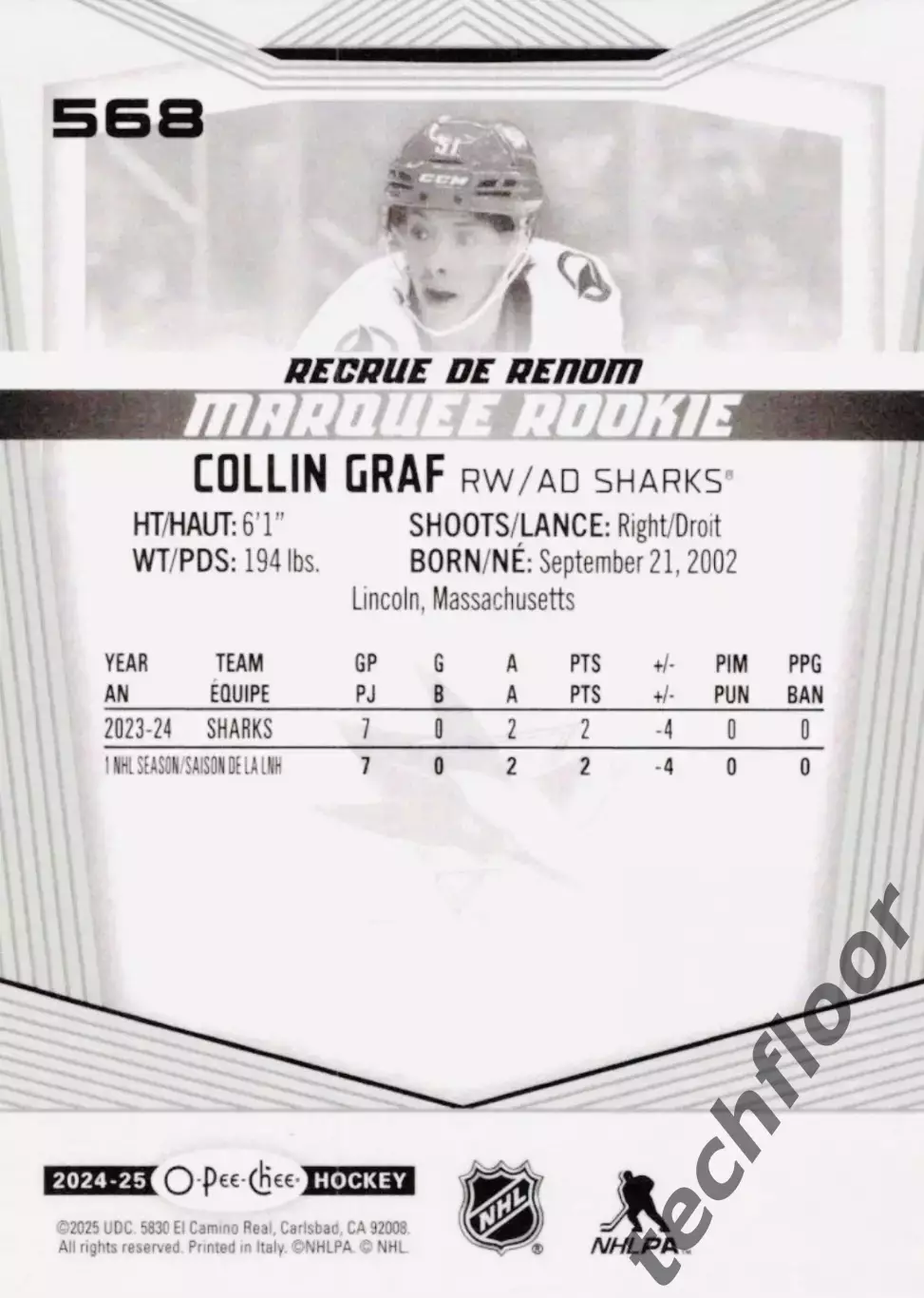 Карточка NHL Collin Graf San Jose Sharks/Коллин Граф Сан-Хосе Шаркс НХЛ 1