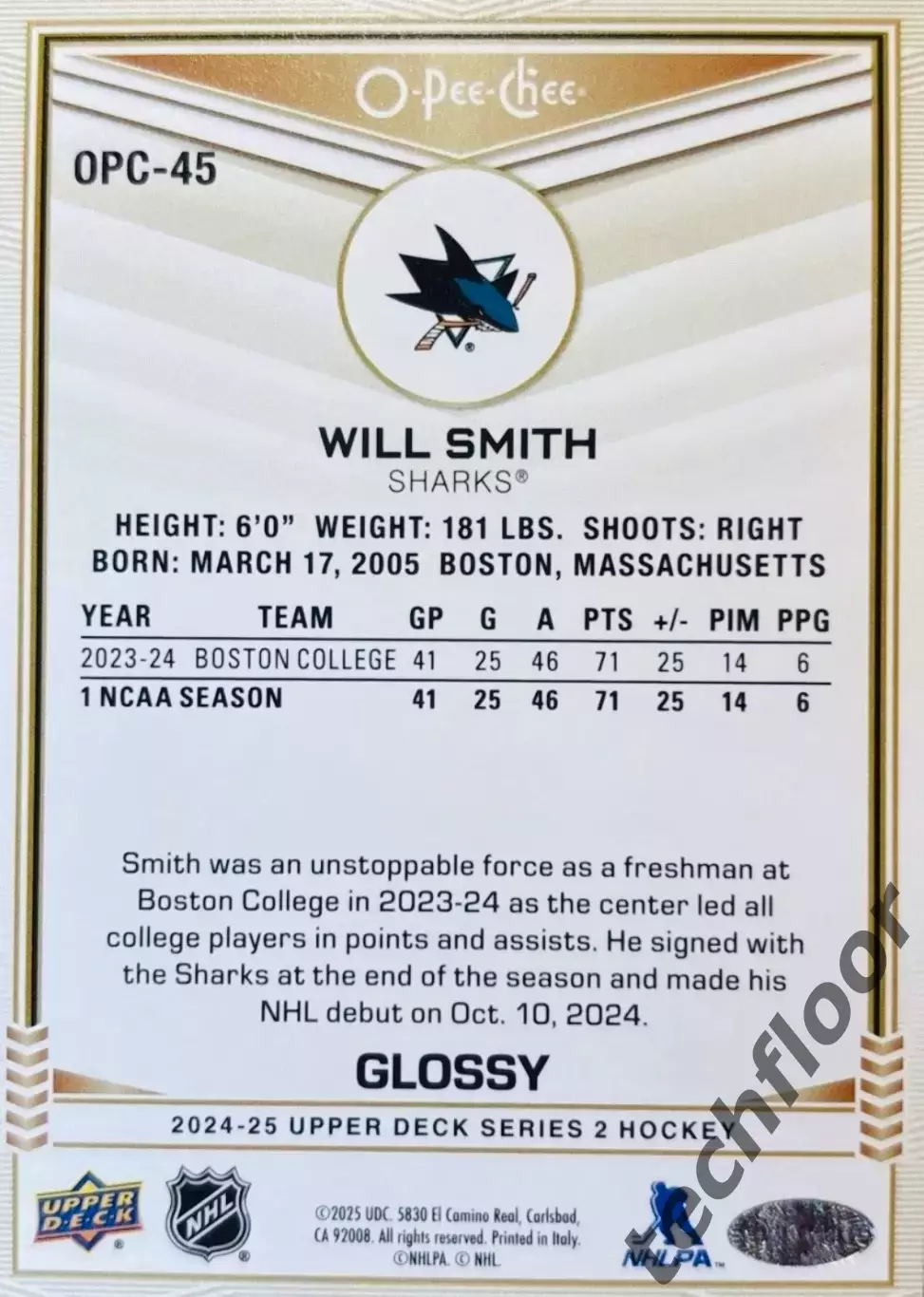 Карточка NHL Will Smith San Jose Sharks/ Уилл Смит Сан-Хосе НХЛ 1