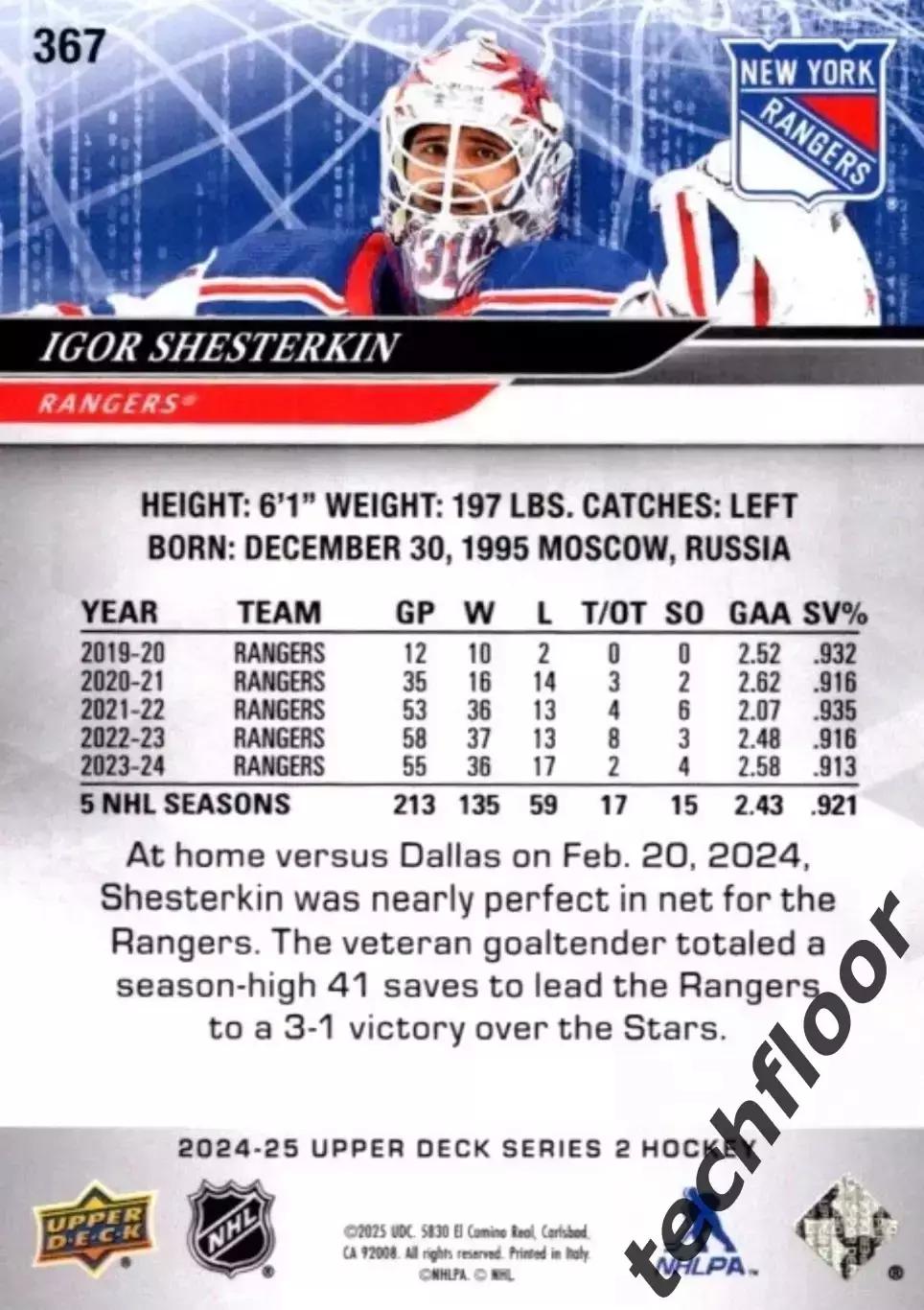 Карточка NHL Igor Shesterkin New York Rangers/Игорь Шестеркин НХЛ 1