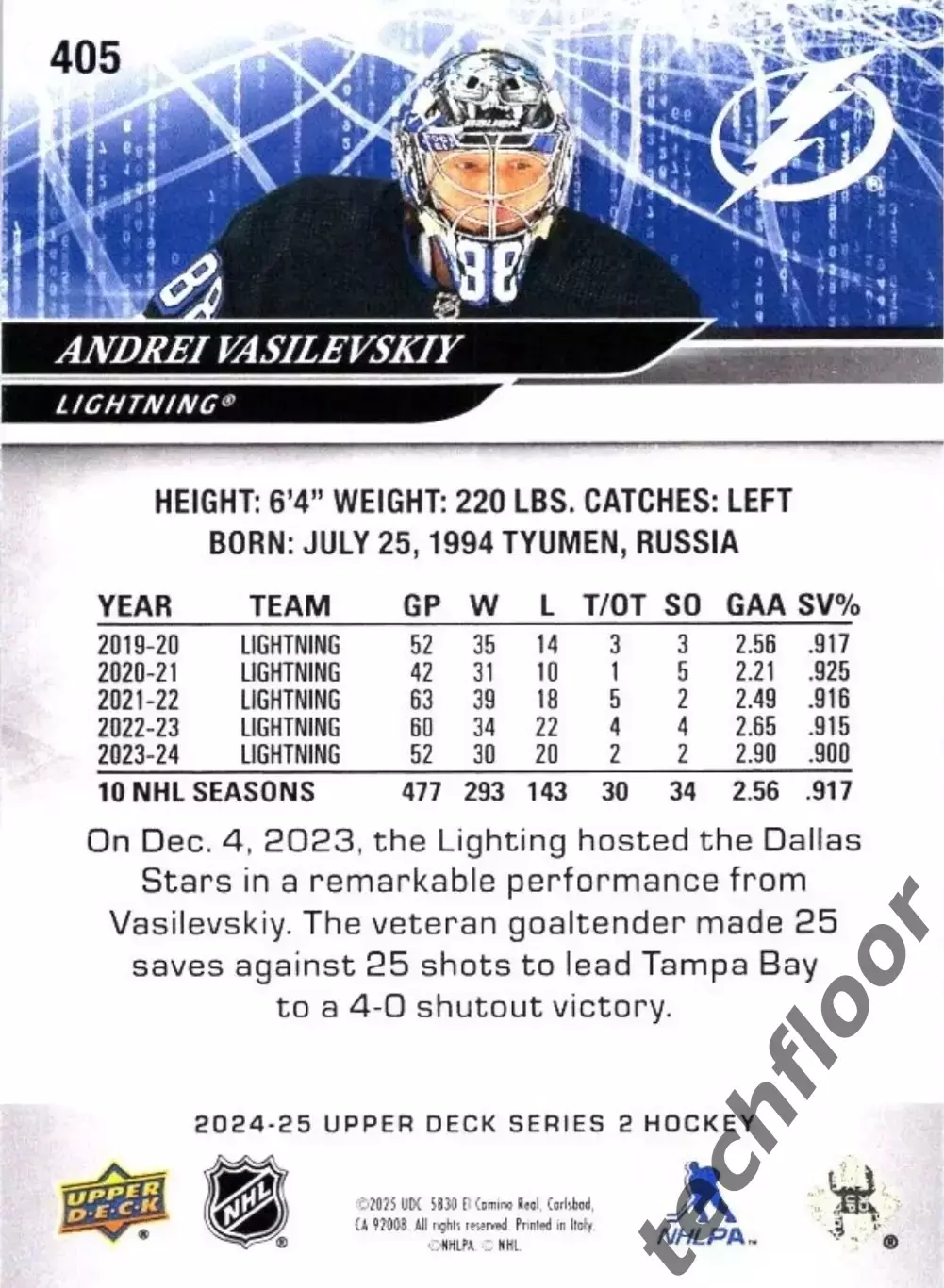 Карточка NHL Andrei Vasilevskiy Tampa Bay Lightning/Андрей Василевский Тампа НХЛ 1
