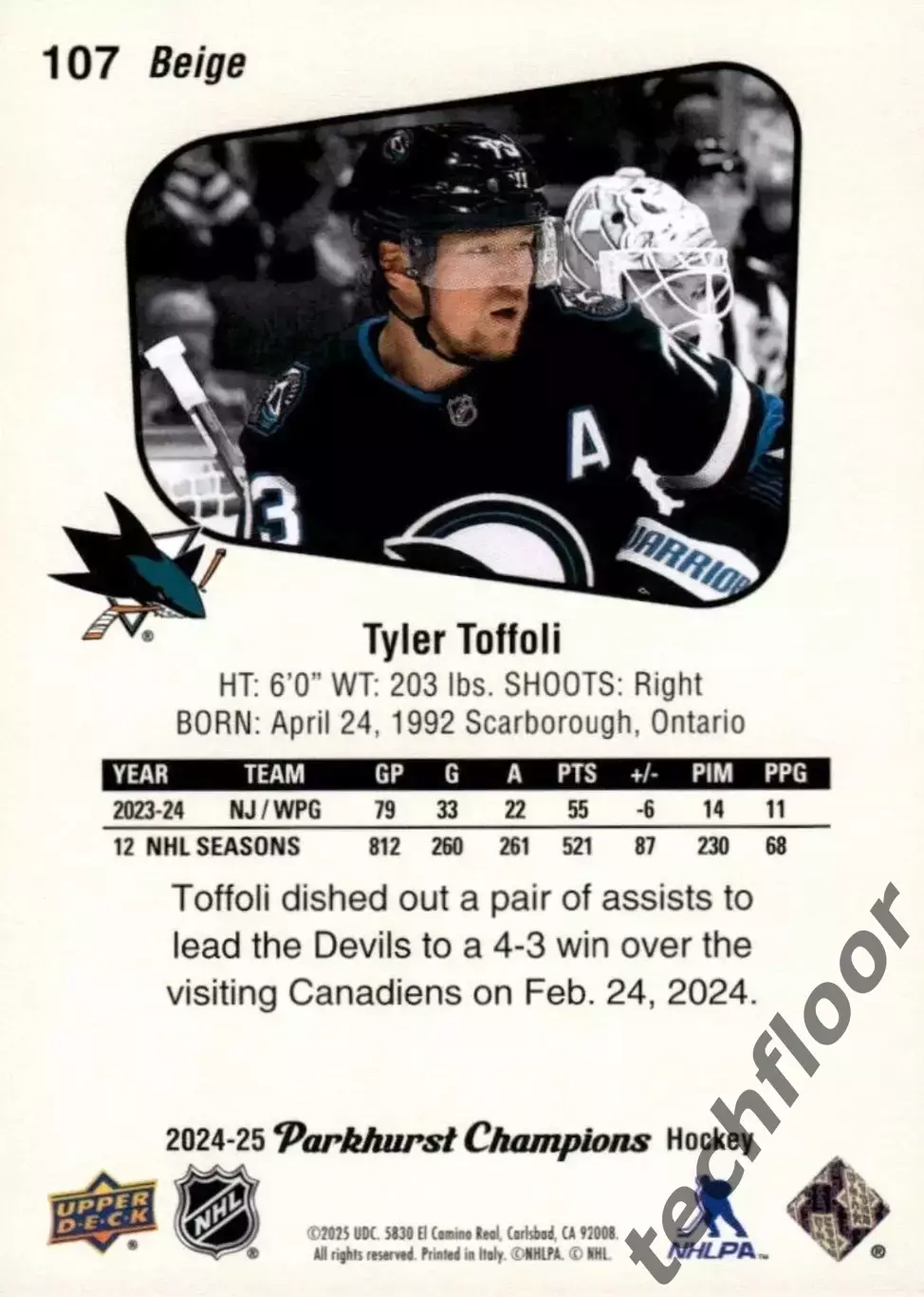Карточка NHL Tyler Toffoli San Jose Sharks /Тайлер Тоффоли Сан-Хосе Шаркс НХЛ 1