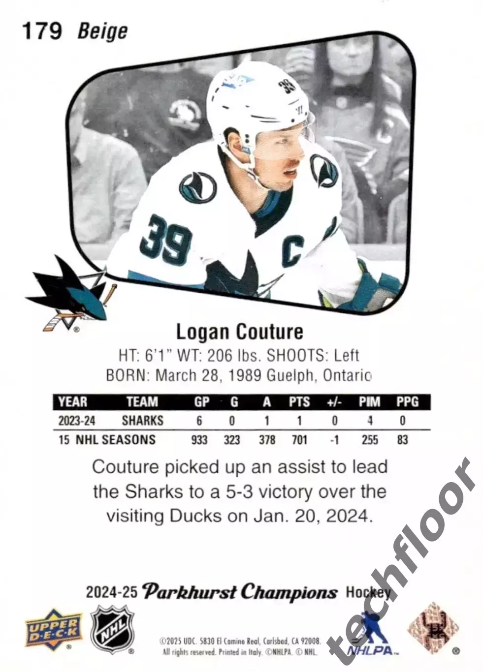 Карточка NHL Logan Couture San Jose Sharks /Логан Кутюр Сан-Хосе Шаркс НХЛ 1