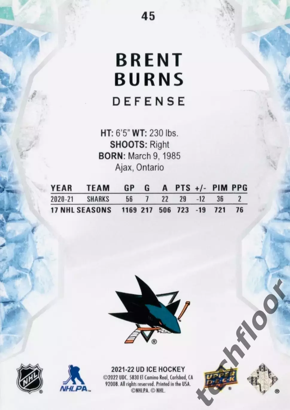 Карточка NHL Brent Burns San Jose Sharks/Брент Бернс Сан-Хосе Шаркс НХЛ 1