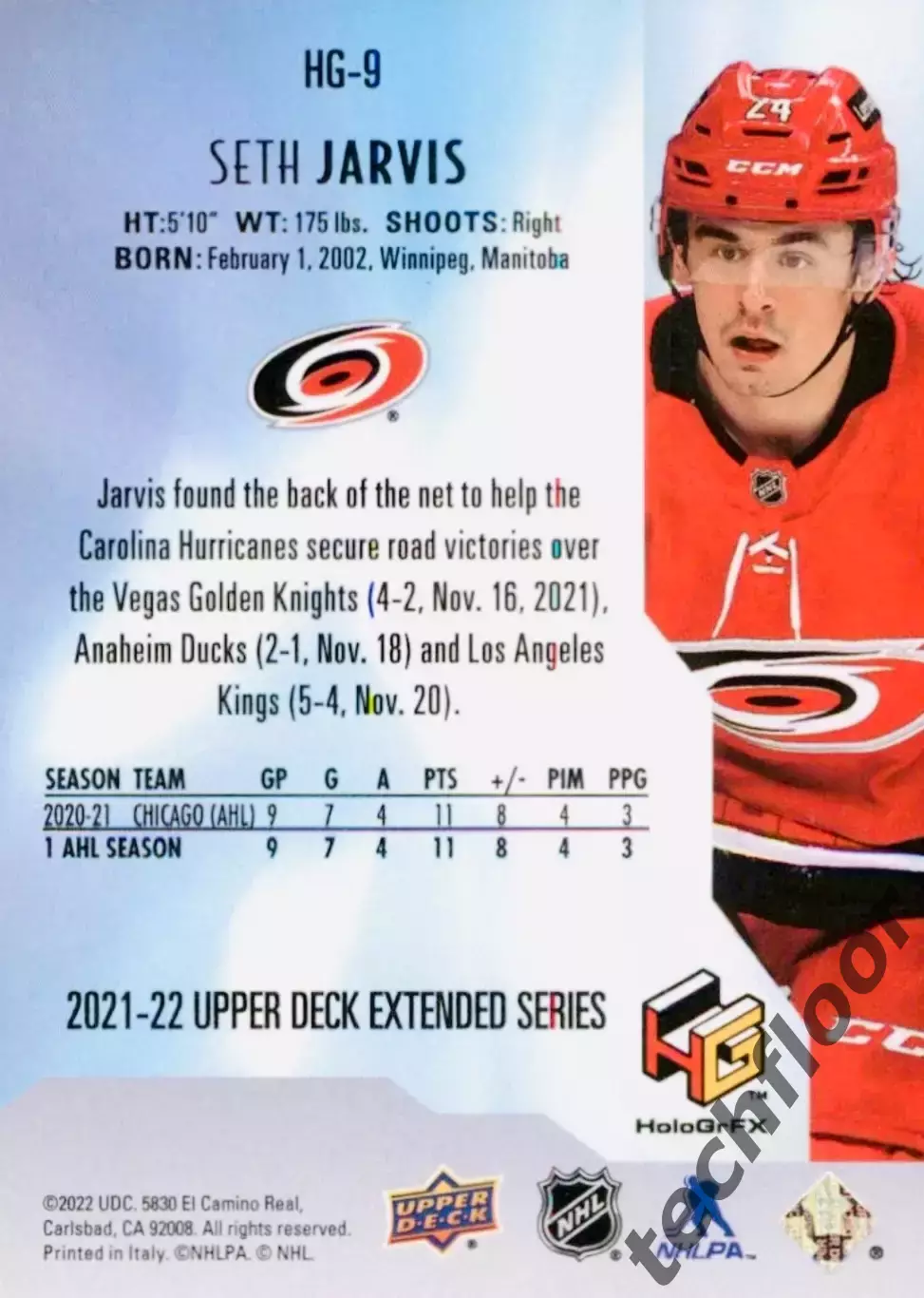 Карточка NHL Seth Jarvis Carolina Hurricanes/Сет Джарвис Каролина НХЛ 1