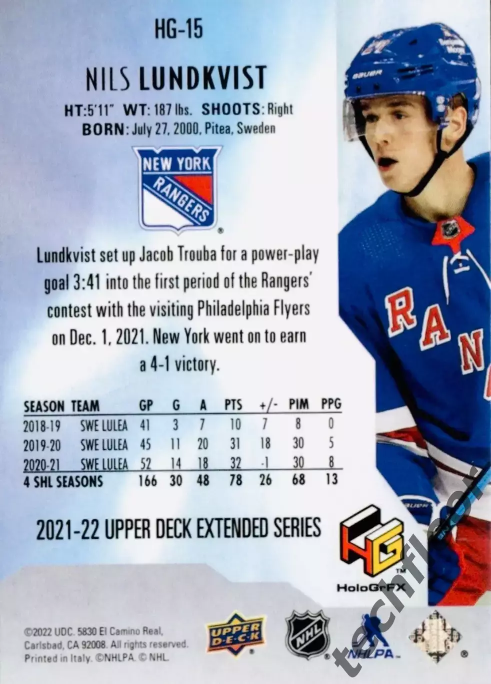 Карточка NHL Nils Lundkvist New York Rangers/Нильс Лундквист Нью-Йорк НХЛ 1