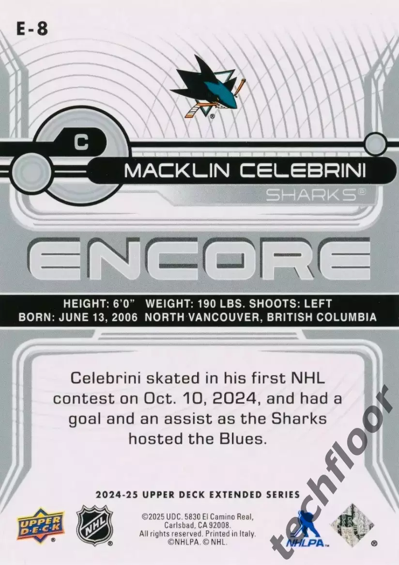 Карточка НХЛ Macklin Celebrini San Jose Sharks/ Маклин Селебрини Сан-Хосе НХЛ 1