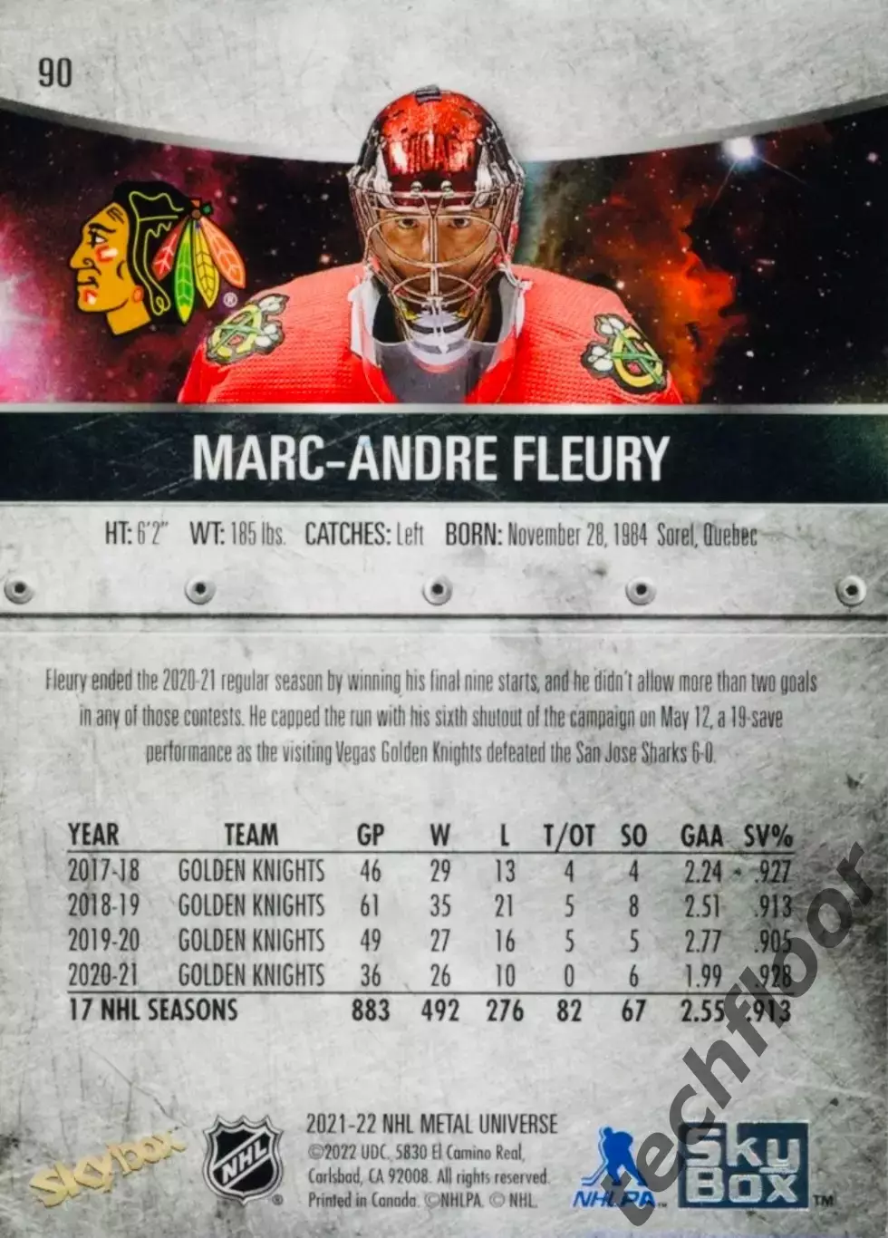 Карточка NHL Marc-Andre Fleury Chicago Blackhawks/Марк-Андре Флери Чикаго НХЛ 1