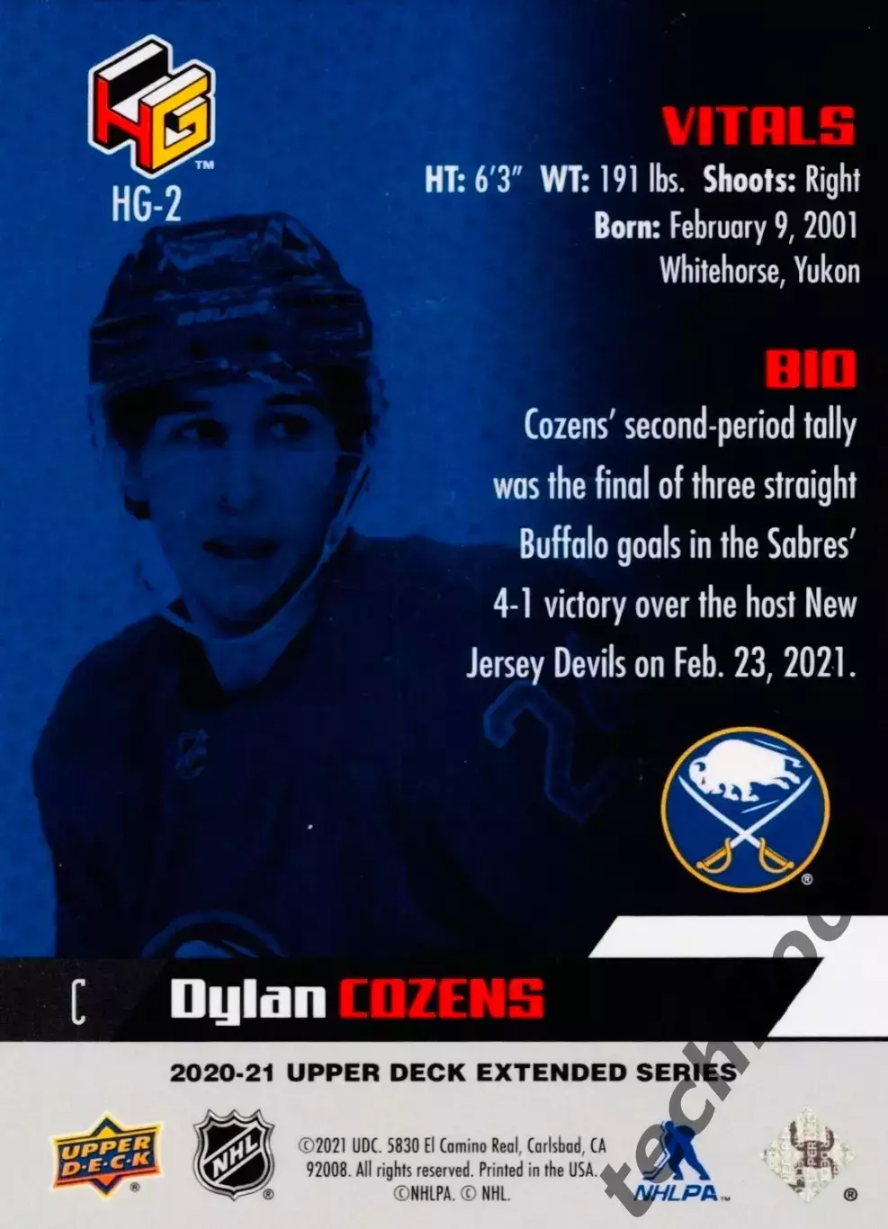 Карточка NHL Dylan Cozens Buffalo Sabres/ Дилан Козенс Баффало НХЛ 1