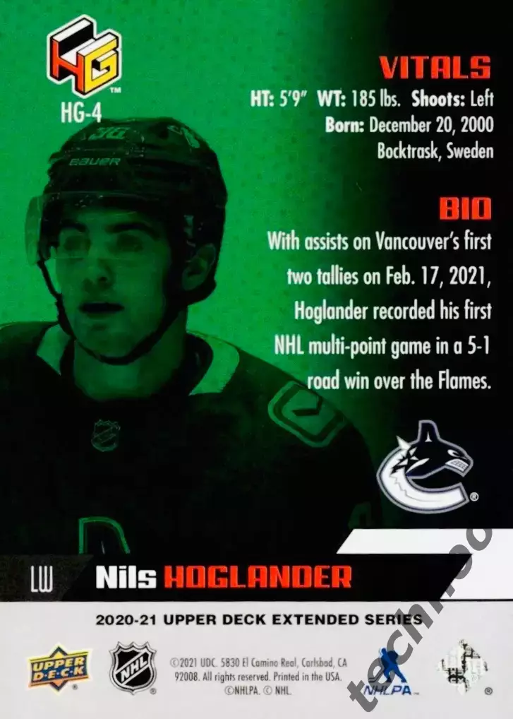 Карточка NHL Nils Hoglander Vancouver Canucks/Нилс Хогландер Ванкувер НХЛ 1