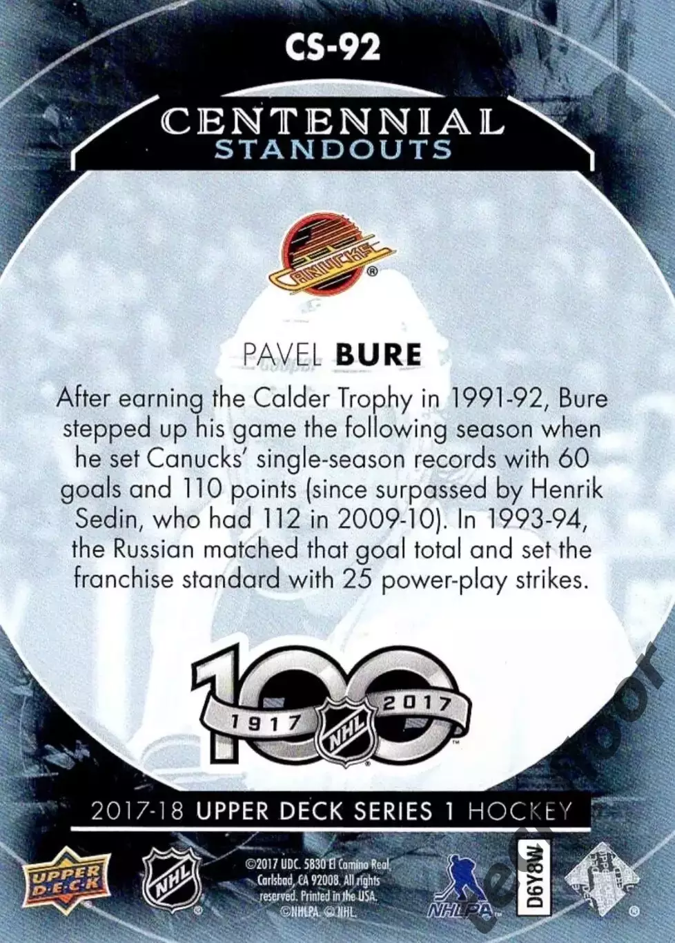 Карточка NHL Pavel Bure Vancouver Canucks/ Павел Буре Ванкувер НХЛ 1