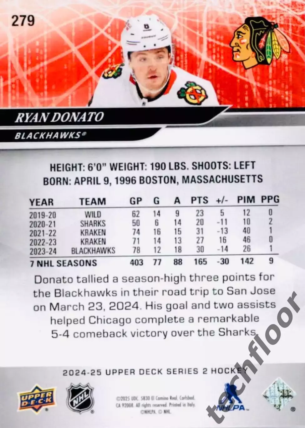Карточка NHL Ryan Donato Chicago Blackhawks/Райан Донато Чикаго НХЛ 1