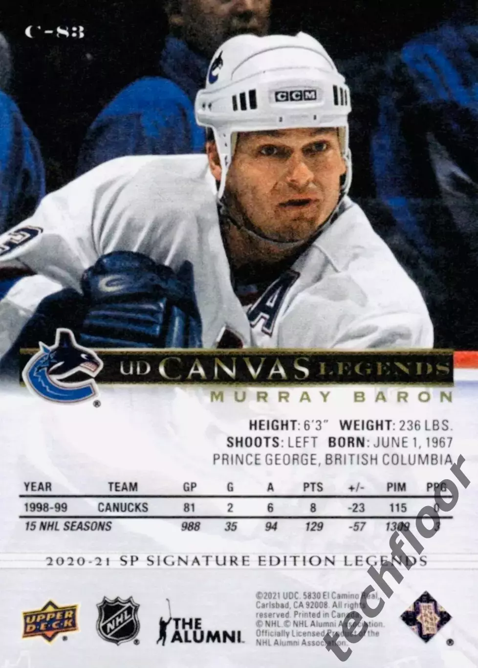 Карточка NHL Murray Baron Vancouver Canucks/Мюррей Барон Ванкувер НХЛ 1