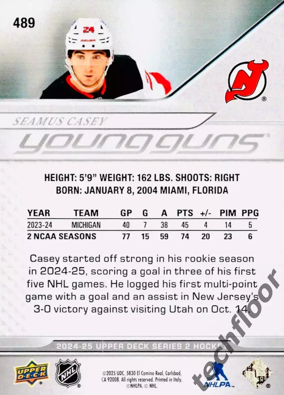 Карточка NHL Seamus Casey New Jersey Devils/Шеймус Кейси Нью-Джерси НХЛ 1