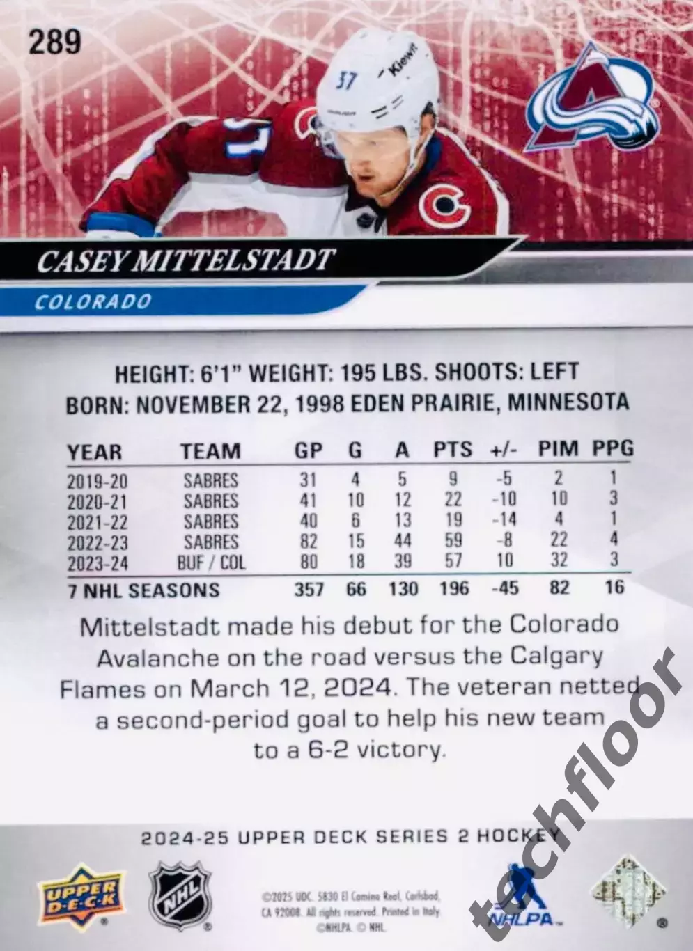 Карточка NHL Casey Mittelstadt Colorado Avalanche/Кейси Миттельштадт Колорадо 1