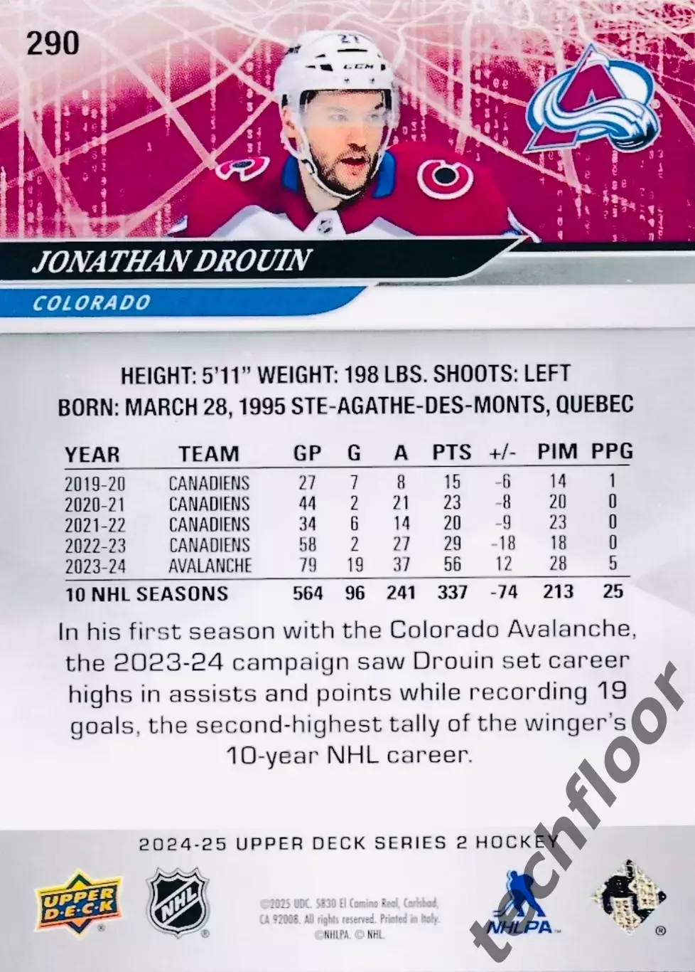 Карточка NHL Jonathan Drouin Colorado Avalanche/Джонатан Друэн Колорадо НХЛ 1
