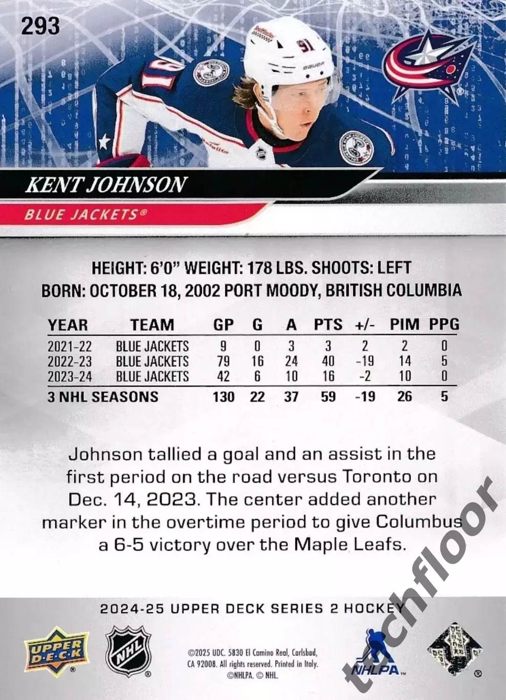 Карточка NHL Kent Johnson Columbus Blue Jackets/Кент Джонсон Коламбус НХЛ 1
